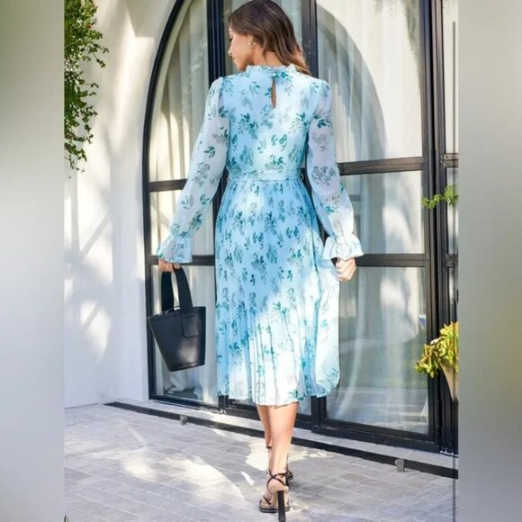 ANRABESS Women's Floral Chiffon Midi Dress with Puff Long Sleeves and Mock Neck - Picture 14 of 15